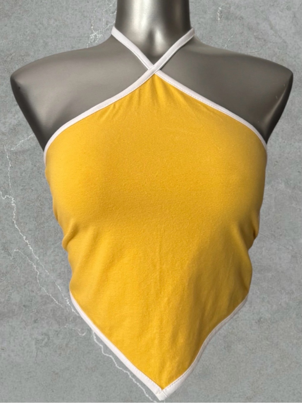 Free | Y2K Inspired Yellow Halter Crop Top with White Trim